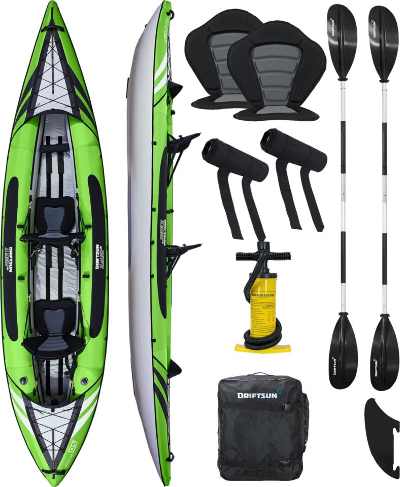 Driftsun Almanor Inflatable Touring Kayak – 1 & 2 Person EVA Padded Seats, High Back Support, Paddle & Pump